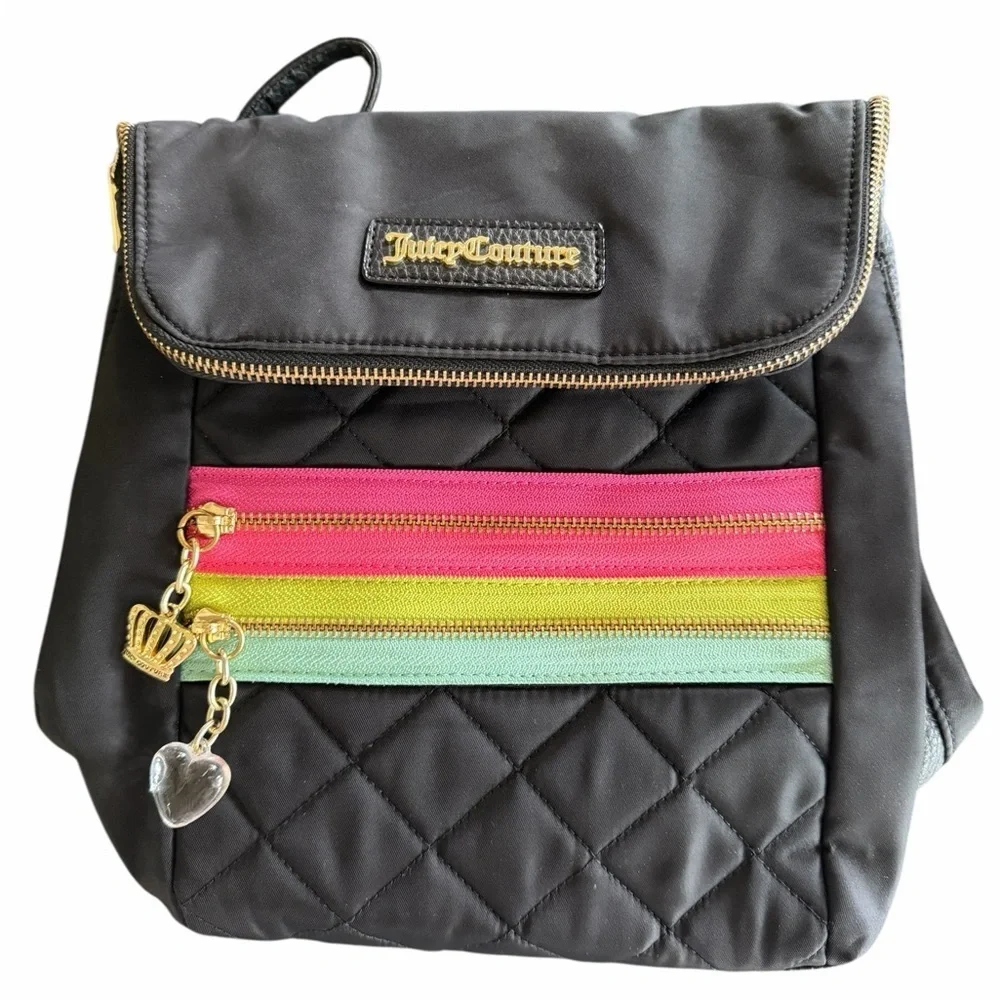 🖤💗Juicy Couture Black Quilted Mini Backpack with Pink, Lime & Mint Stripes